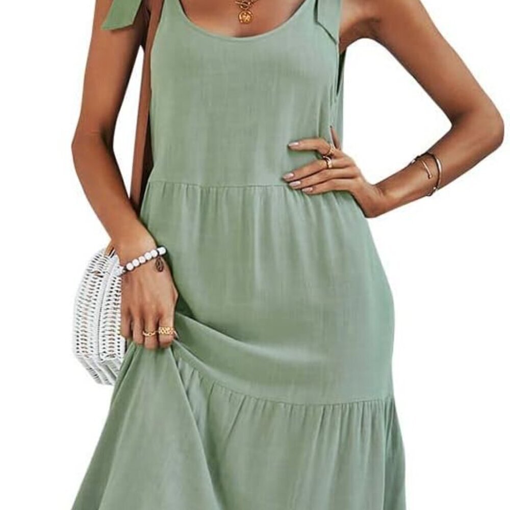 Women's Summer Linen Dress Adjustable Spaghetti Strap Midi Ruffle Casual